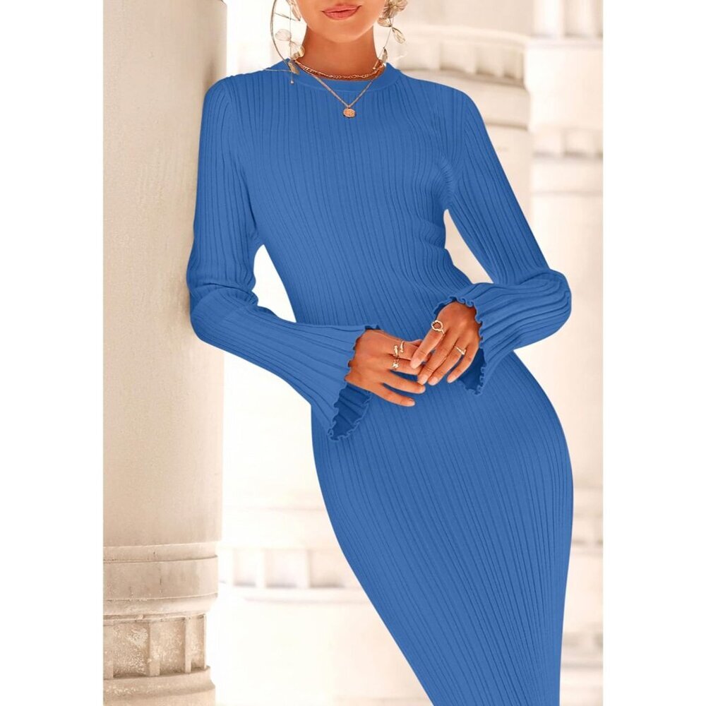 Women's Sky Blue Fall Bell Long Sleeve Crew Neck Bodycon Sweater Maxi Dress - Picture 6 of 7